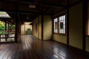 Salle de dojo japonaise traditionnelle, sol en bois et cloisons shoji